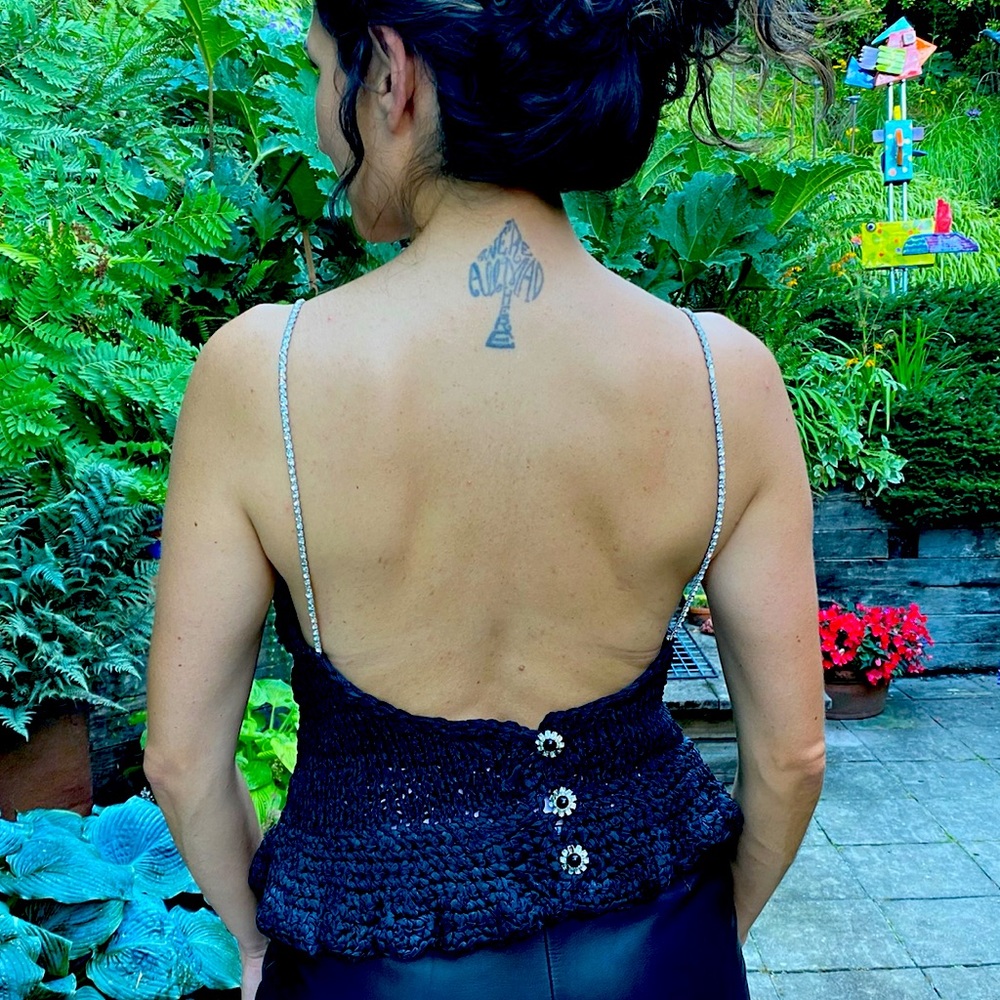 Crochet top with low back and rhinestone straps